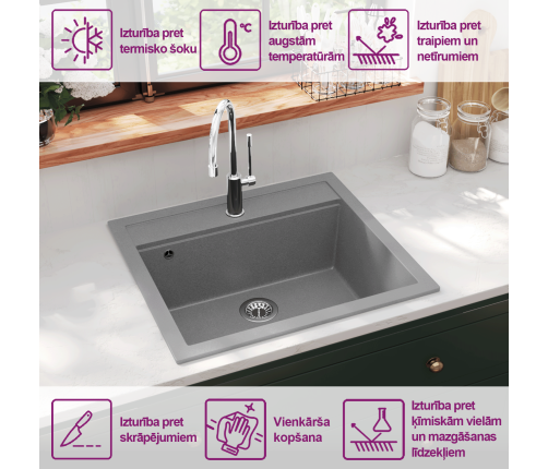 vidaXL virtuves izlietne, viena bļoda, pelēka, granīts