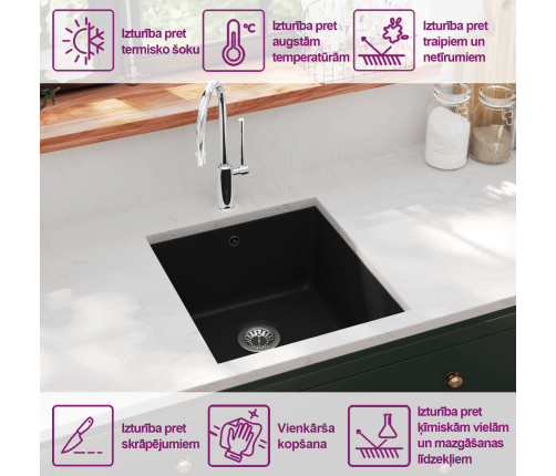 vidaXL virtuves izlietne, viena bļoda, melna, granīts