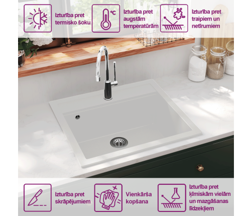 vidaXL virtuves izlietne, viena bļoda, balts granīts