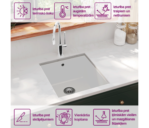 vidaXL virtuves izlietne, viena bļoda, balts granīts