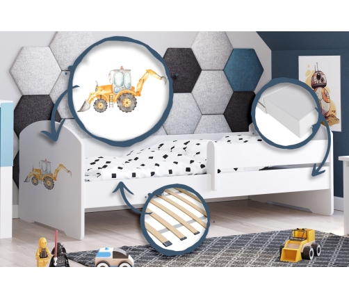 Детская кровать Luk с матрасом и защитным бортиком 164 см x 85 см x 63 см Excavator
