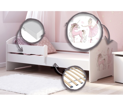 Детская кровать Luk с матрасом и защитным бортиком 164 см x 85 см x 63 см Girl with unicorn