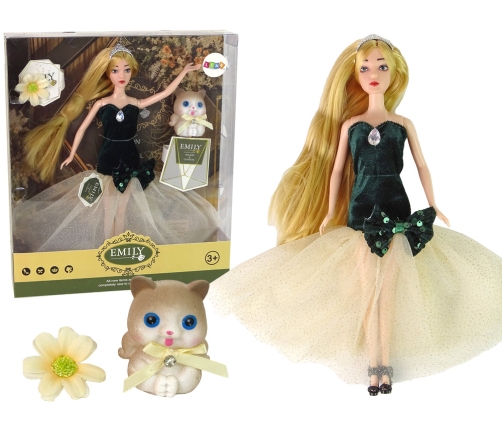 Bērnu lelle Emily ar gariem matiem, kaķēnu un ziedu