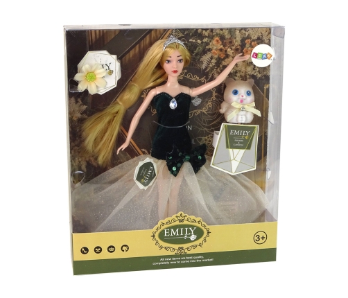 Bērnu lelle Emily ar gariem matiem, kaķēnu un ziedu