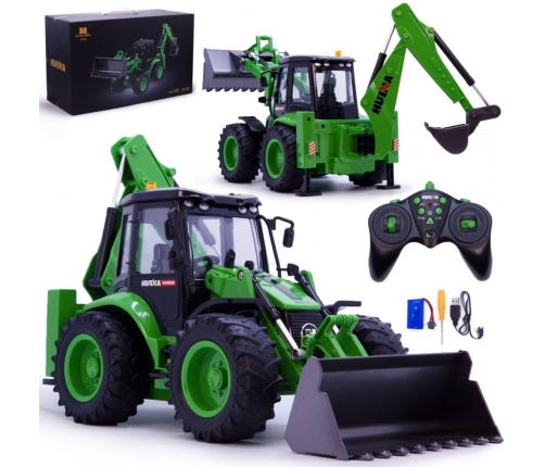 Remote Control Backhoe Loader RC Lights Sound Green Huina 1:14