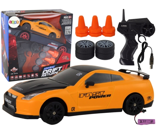 Remote Controlled Sports Car R/C 1:24 Yellow Interchangeable Wheels