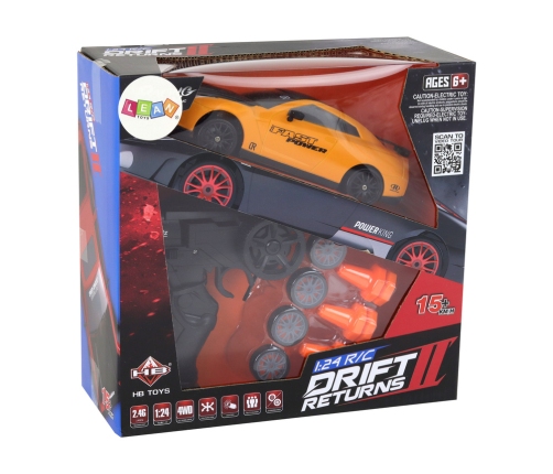 Remote Controlled Sports Car R/C 1:24 Yellow Interchangeable Wheels