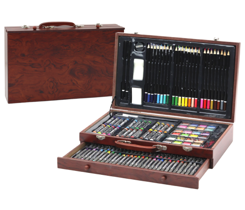 Art Set In Wooden Suitcase Crayons Pastels Paints