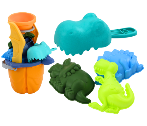 Dinosaur Sand Set, Funnel, Grinder, Molds, Spatula, 7 pieces.