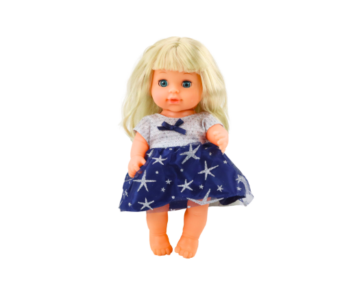 Doll In Navy Blue Dress Peeing Bottle Rattle Sounds