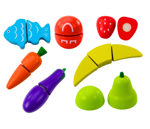 Set of Vegetables and Fruits for Cutting in a Bucket, Board, Wooden Knife