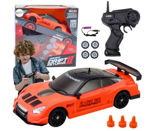 Remote Controlled R/C Sports Car 1:24 Orange Interchangeable Wheels