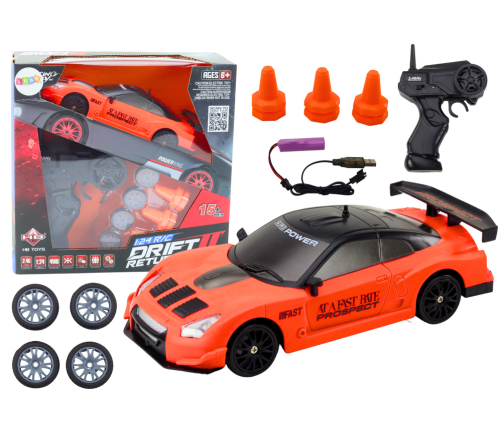 Remote Controlled R/C Sports Car 1:24 Orange Interchangeable Wheels