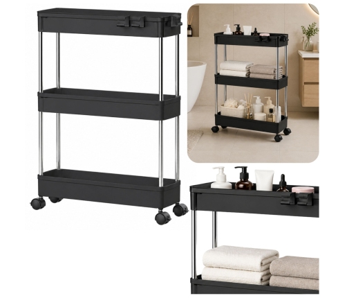 Multifunctional Mobile Shelf 3 Shelves on Wheels Black