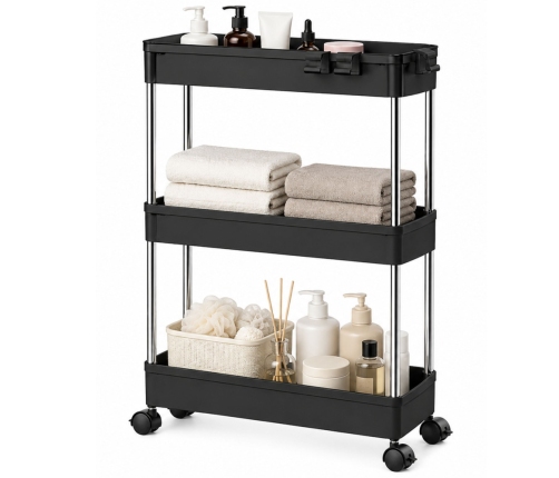 Multifunctional Mobile Shelf 3 Shelves on Wheels Black