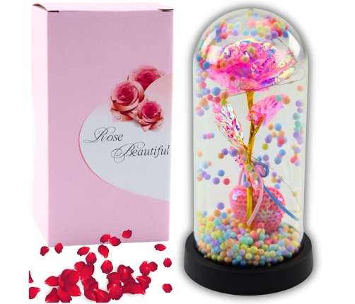 Eternal Rose in Dome with LED Lighting Pink with Heart and Balls