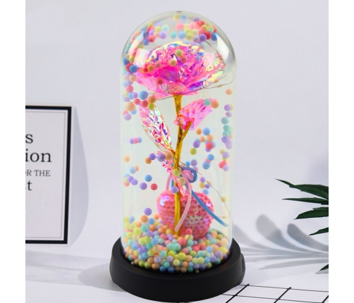 Eternal Rose in Dome with LED Lighting Pink with Heart and Balls