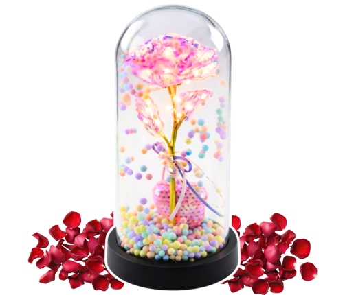 Eternal Rose in Dome with LED Lighting Pink with Heart and Balls