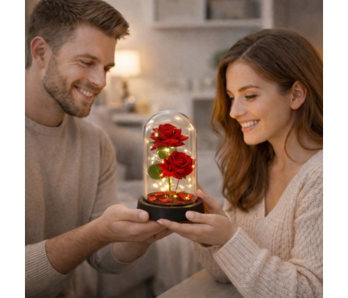 Eternal 2 Roses in Dome with LED Lighting and Rose Petals Red 21x11cm