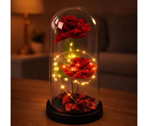 Eternal 2 Roses in Dome with LED Lighting and Rose Petals Red 21x11cm