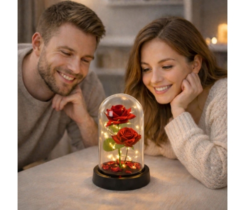 Eternal 2 Roses in Dome with LED Lighting and Rose Petals Red 21x11cm