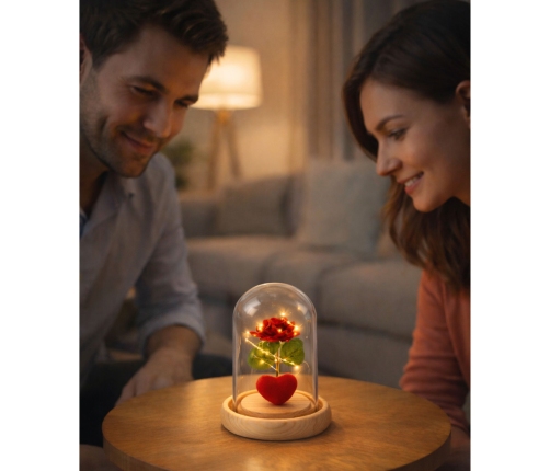 Eternal Rose in Dome with LED Lighting Red with Heart 14x8cm
