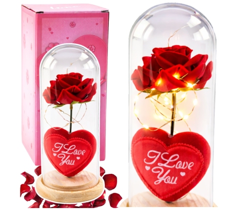 Eternal Rose in Dome with LED Lighting Red with Heart 18.5x8cm