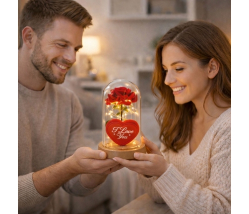 Eternal Rose in Dome with LED Lighting Red with Heart 18.5x8cm