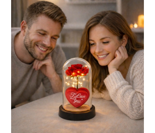 Eternal Rose in Dome with LED Lighting Red with Heart 18.5x8cm