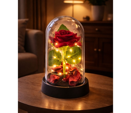 Eternal Rose in Dome with LED Lighting Red with Rose Petals 14x8cm