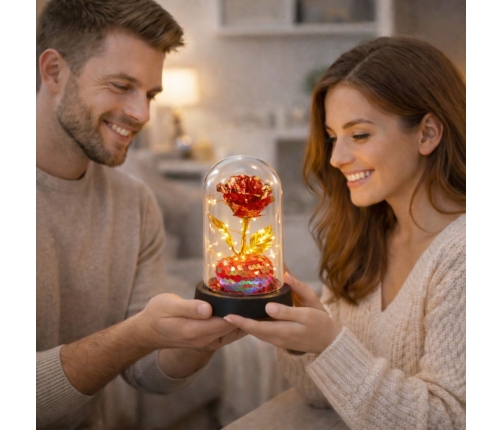 Eternal Crystal Rose in a Dome with LED Lighting and a Heart 14x8cm