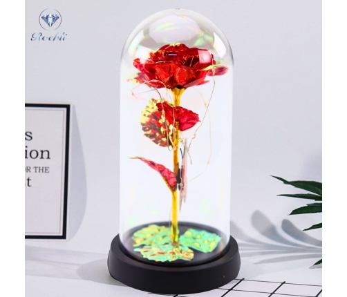 Eternal Rose In Glass Crystal LED Lighting Butterfly Red 21x11cm