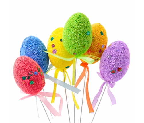 Easter Eggs on Wire Pick Colorful Leaves Ribbon Decoration 6pcs