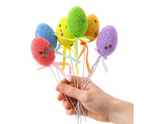 Easter Eggs on Wire Pick Colorful Leaves Ribbon Decoration 6pcs