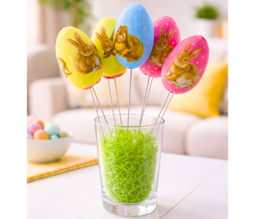 Easter Eggs On A Wire Pick Colorful With Bunnies Decoration 6pcs