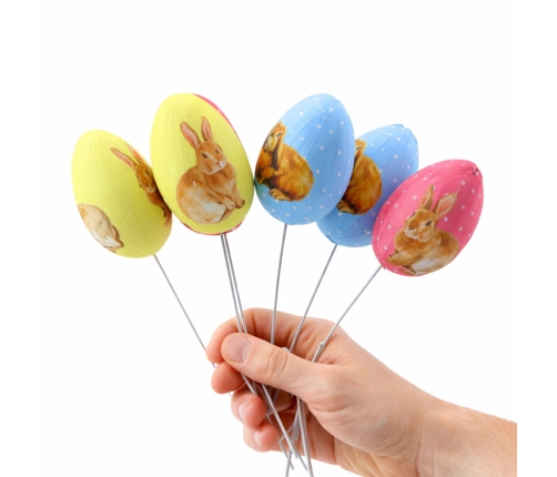 Easter Eggs On A Wire Pick Colorful With Bunnies Decoration 6pcs