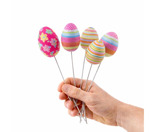 Easter Eggs on Wire Pick Dots Flowers Stripes Decoration Colorful 6pcs