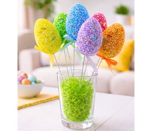 Easter Eggs On A Wire Pick Colorful Patterns Ribbon Decoration 6pcs A