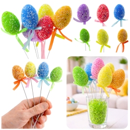 Easter Eggs On A Wire Pick Colorful Patterns Ribbon Decoration 6pcs B