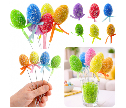 Easter Eggs On A Wire Pick Colorful Patterns Ribbon Decoration 6pcs B