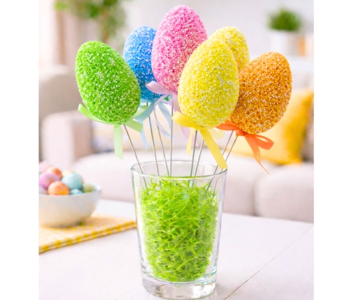 Easter Eggs On A Wire Pick Colorful Patterns Ribbon Decoration 6pcs B