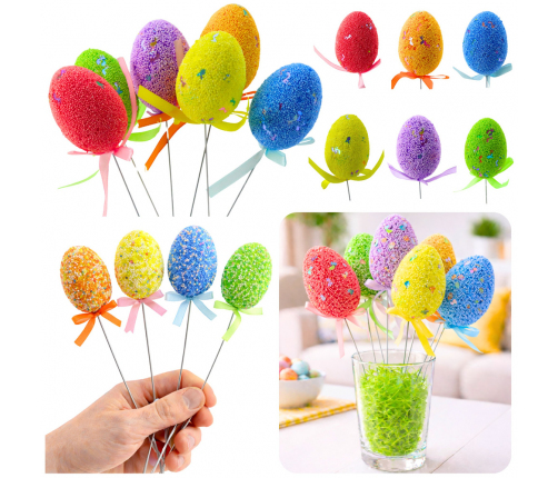 Easter Eggs on Wire Pick Colorful Notes Ribbon Decoration 6pcs