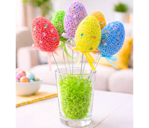 Easter Eggs on Wire Pick Colorful Notes Ribbon Decoration 6pcs