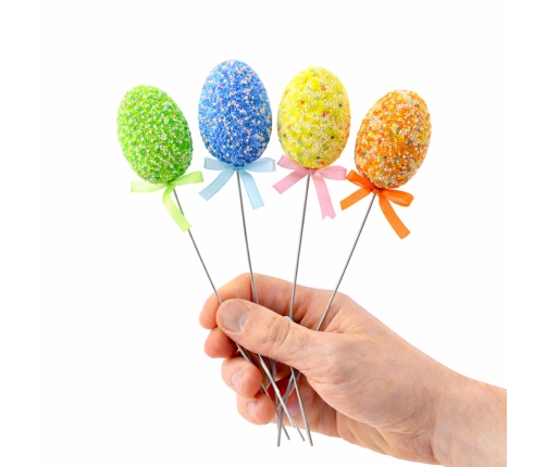 Easter Eggs on Wire Pick Colorful Notes Ribbon Decoration 6pcs