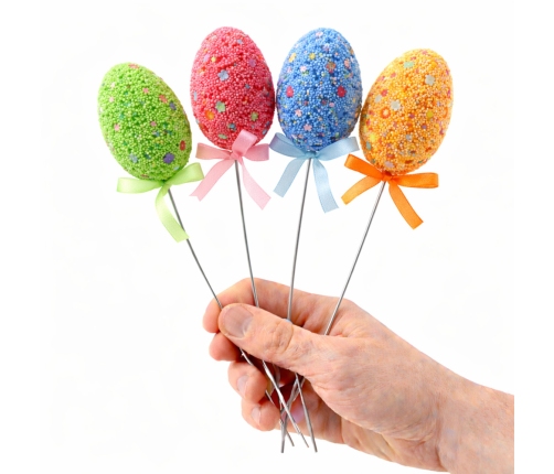 Easter Eggs on Wire Pick Colorful Leaves Ribbon Decoration 5pcs