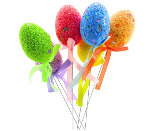 Easter Eggs on Wire Pick Colorful Leaves Ribbon Decoration 5pcs