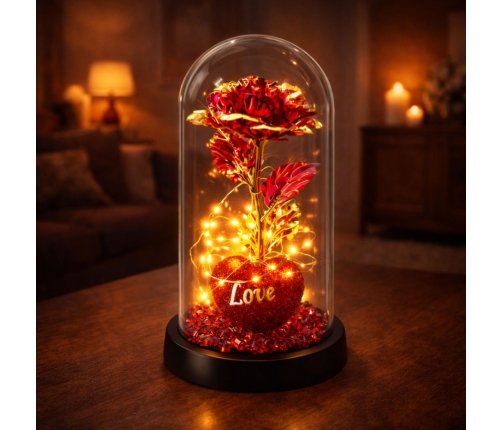 Eternal Rose in Dome with LED Lighting Heart Beads Red 21x11cm