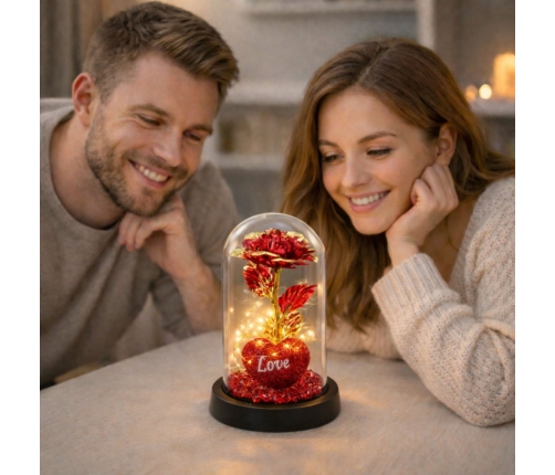 Eternal Rose in Dome with LED Lighting Heart Beads Red 21x11cm