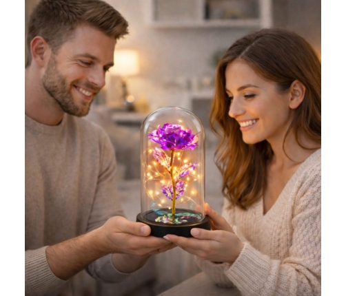 Eternal Crystal Rose in Dome with LED Lighting Pink 21x11cm