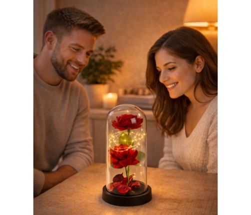 Eternal 2 Roses in Dome with LED Lighting and Rose Petals Red 21x11cm